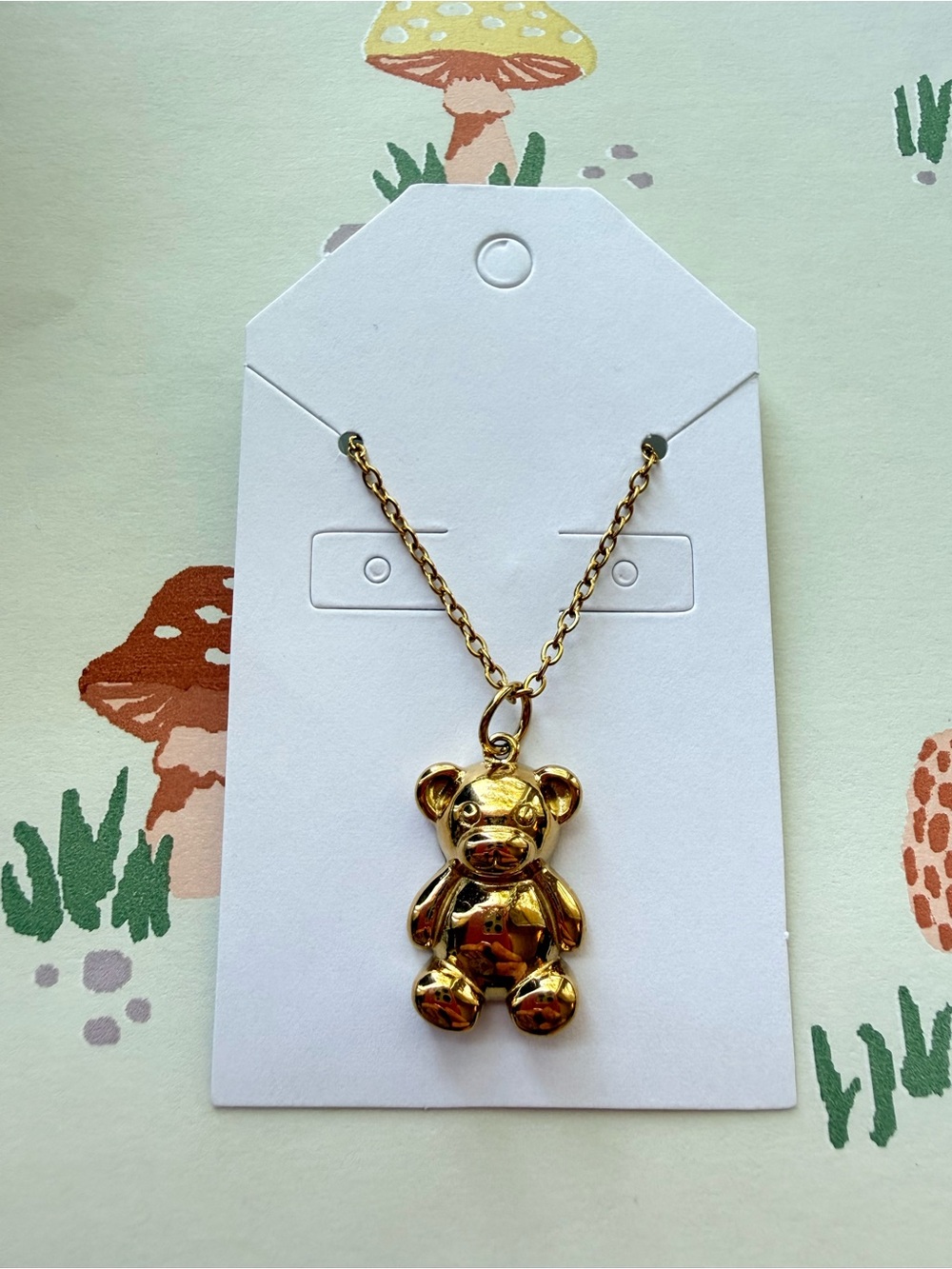 Gold Teddy Bear Pendant Necklace - Polished Gold Color